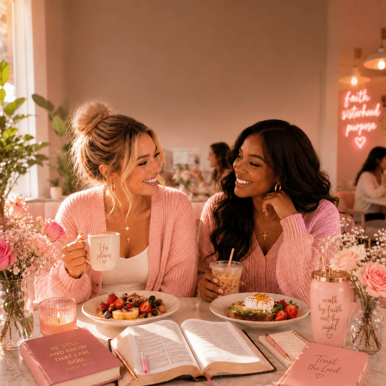 Two women laughing together at a cafe table with open Bibles, coffee, and brunch